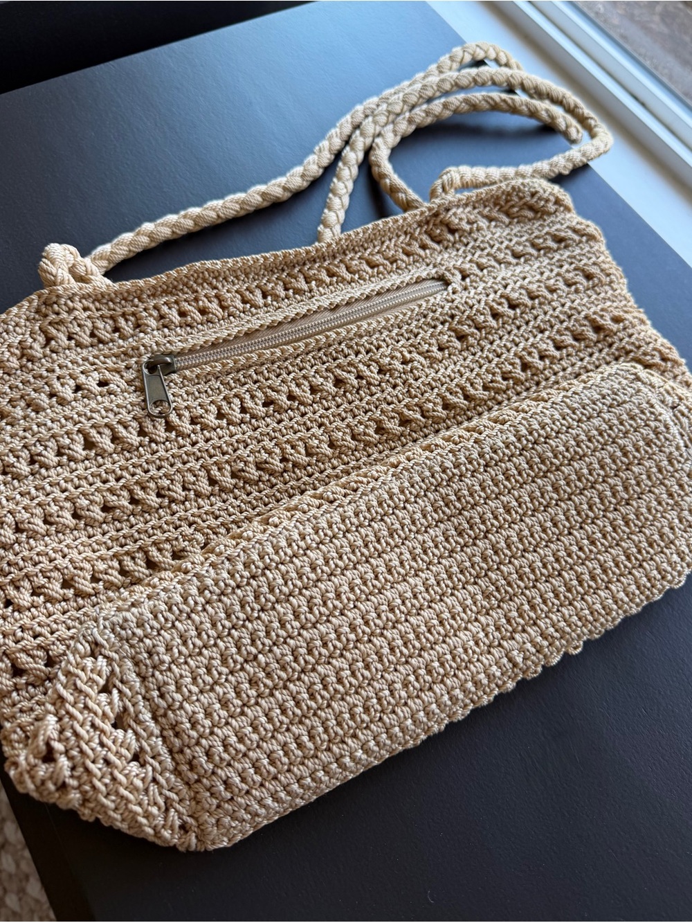Croft & Barrow Neutral Tan Woven Crochet Shoulder Bag Boho Summer Beach Vacation - Picture 3 of 9